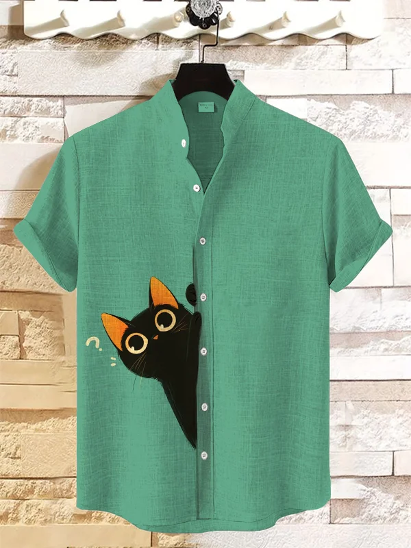 Men's Doubtful Hiding Black Cat Art Print Linen Blend Shirt