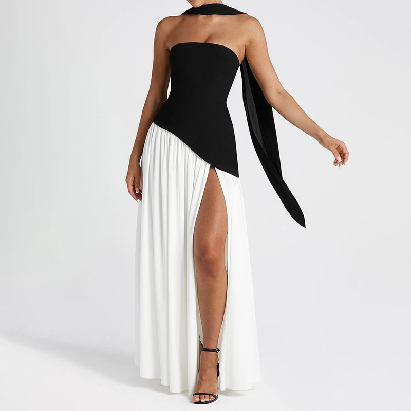 Elegant Backless High-slit Strapless Color-blocked Dress elevenforest