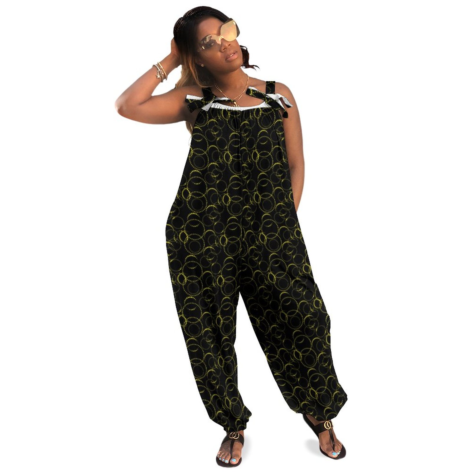 White With Neon Yellow Circles Pattern Plus Size Women Rompers Summer Casual Loose Long Jumpsuit Boho Pockets Polyester Spandex