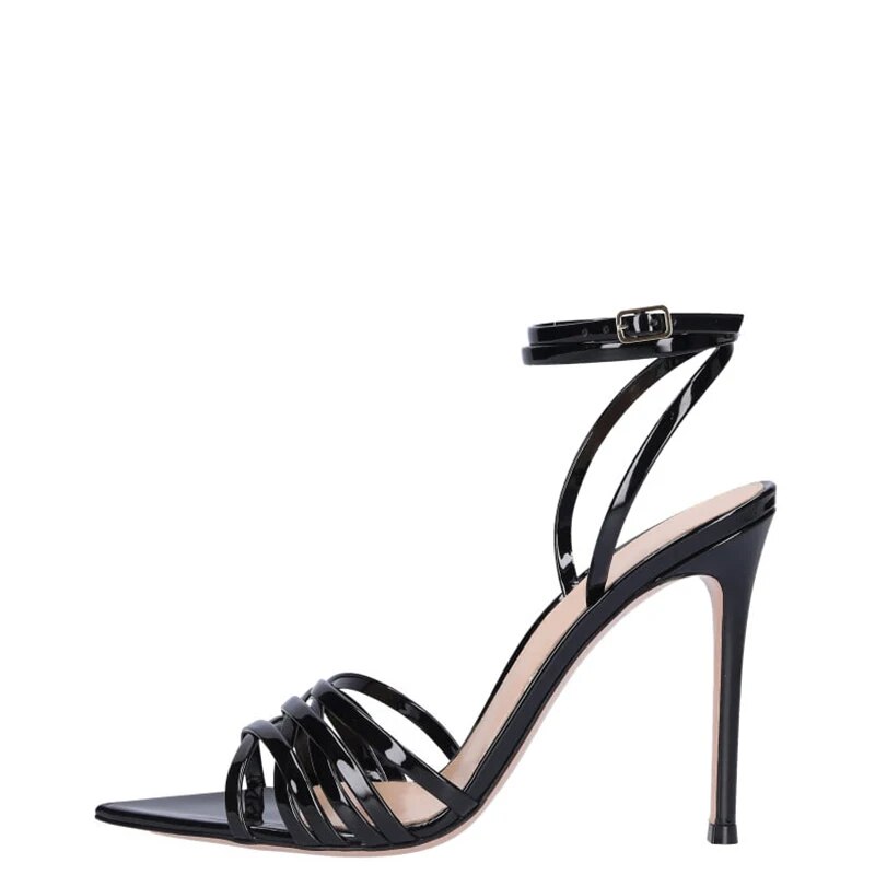 TAAFO Black Ankle Strap Patent Stilettos Women Sandals High Heels Open Pointed Toe Ladies Shoes