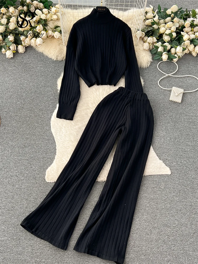 Huibahe Winter Knit Two Pieces Suits Half High Collar Full Sleeve Pullover+Wide Legs Long Pants Women 2024 Senior Striped Sets