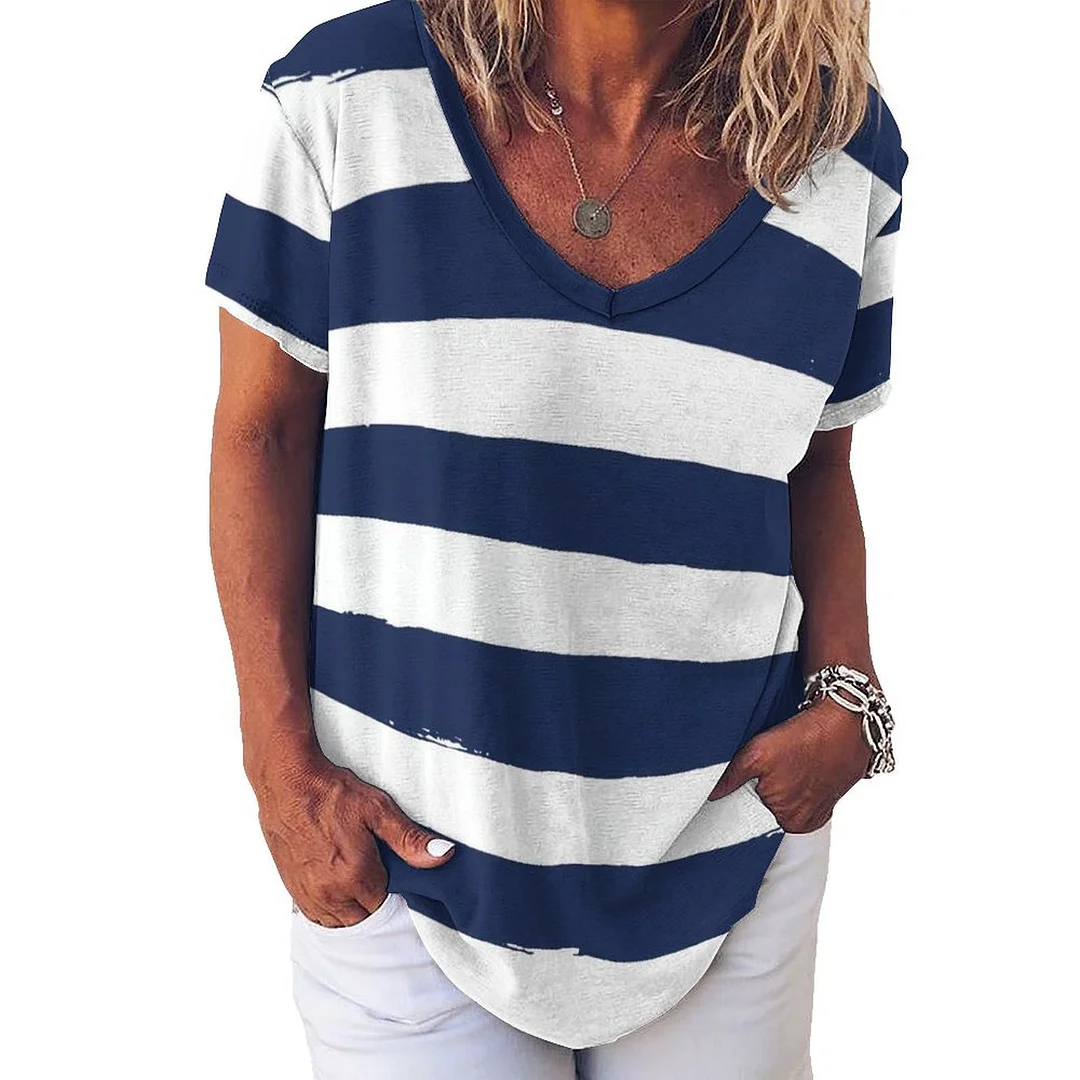 V-neck Short Sleeve Casual T-shirt for  Women Printed with Pattern Striped, Blue
