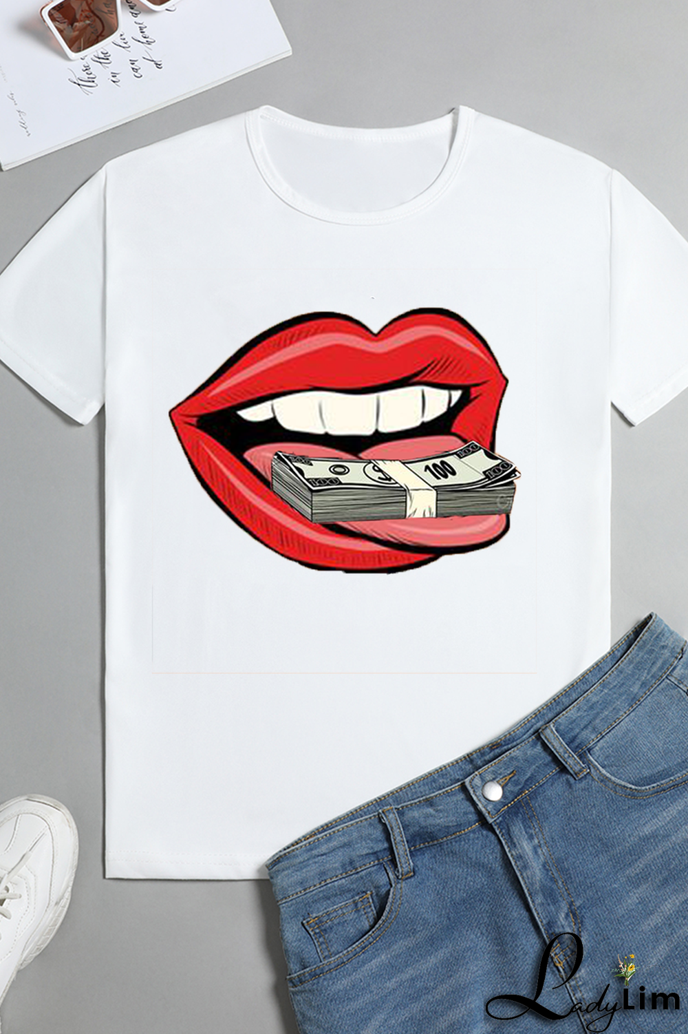 White Casual Lips Printed Split Joint O Neck T-Shirts