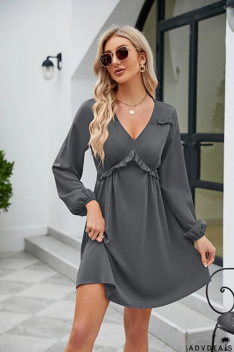 Frill Trim V-Neck Long Sleeve Dress