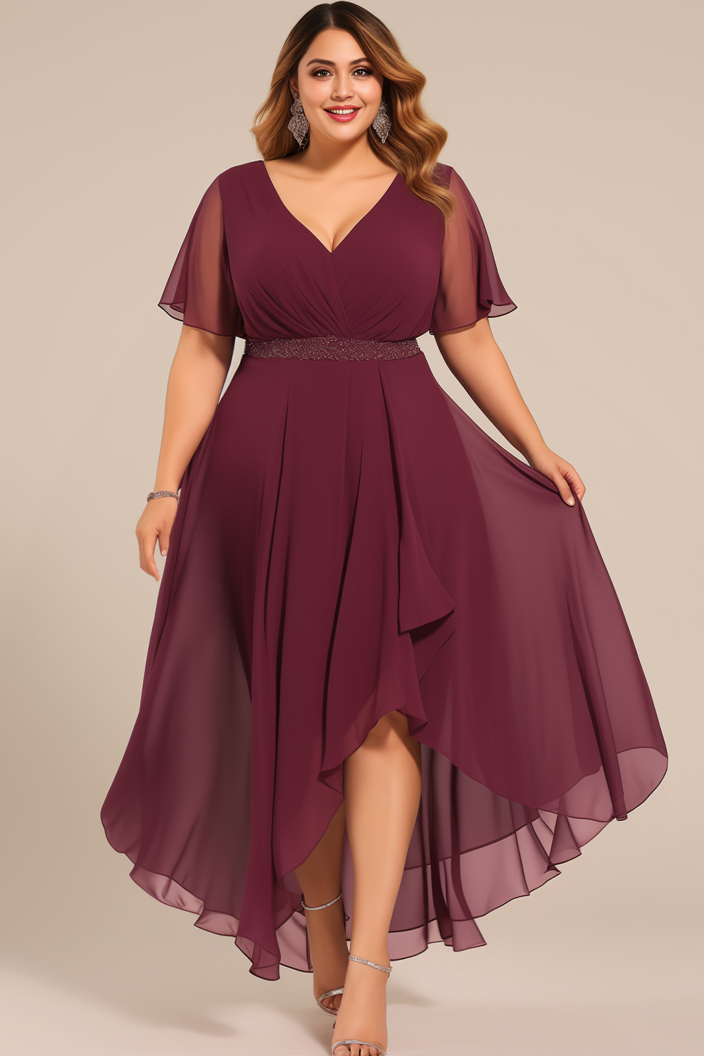 Flycurvy Plus Size Wedding Guest Mauve Chiffon Wrap Flutter Sleeve Irregular Hem Maxi Dress