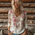 Bohemian Style Floral And Butterfly Pattern Women's Long Sleeves  T-shirt - Image 2