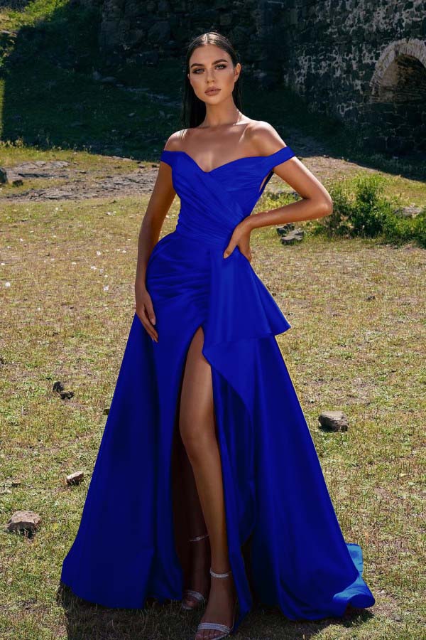 Lvs&Broner Red V Neck Off-The-Shoulder Strapless Long Mermaid Split Prom Dress With Ruffles