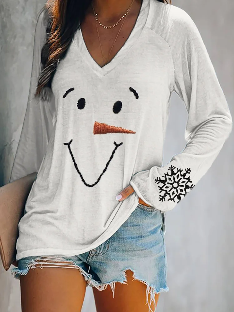 Snowman Face & Snowflakes Embroidery V Neck T Shirt