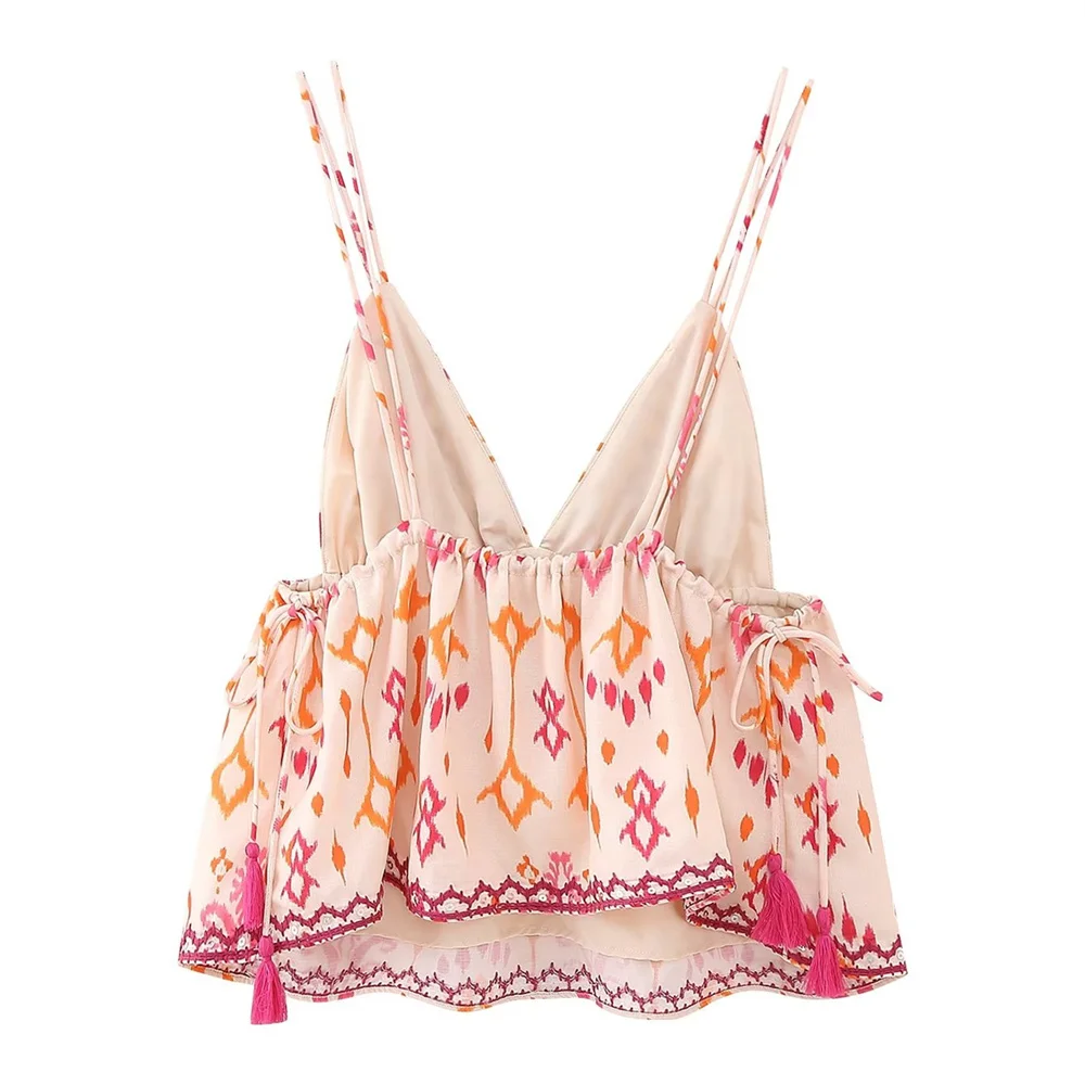 Women's Fashion Versatile Sexy V-Neck Sleeveless Embroidery Beaded Print Short Top