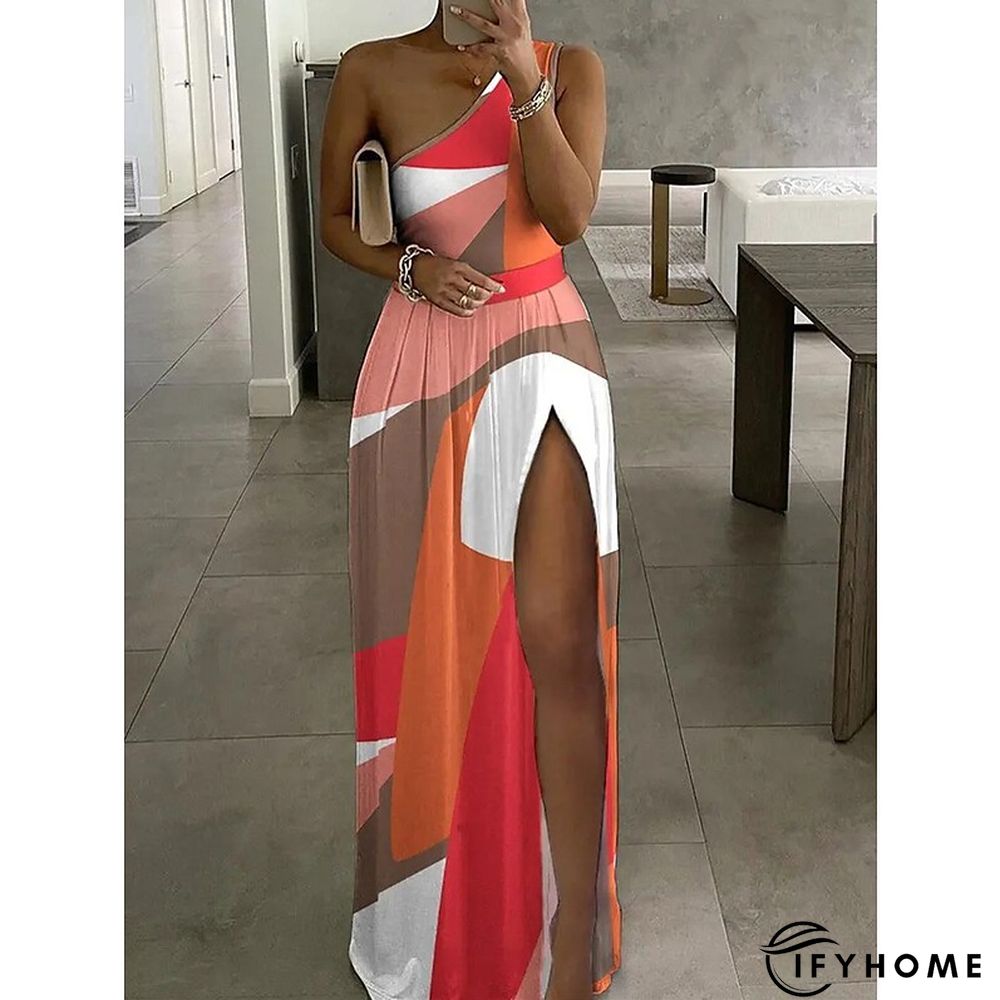 Women's Long Dress Maxi Dress A Line Dress Summer Dress Print Dress Floral Color Block Striped Fashion Streetwear Outdoor Daily Holiday Split Print Sleeveless One Shoulder Dress Slim Black Yellow | IFYHOME