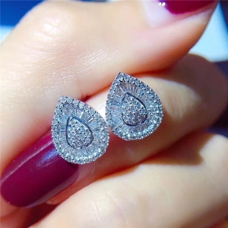1 Pair 925 Sterling Silver Zircon Water Droplets Ear Studs