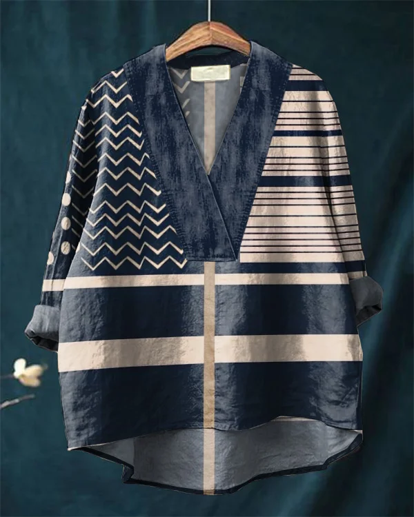 Vacation Bohemian Print Loose V-Neck Cotton and Linen Shirt