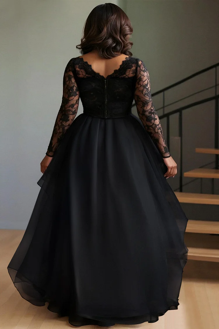 Xpluswear Design Plus Size Cocktail Party Black V Neck Long Sleeve Ruffle Elegant High Low Hem Lace Tulle Mini Dresses [Pre-Order]