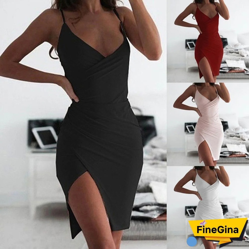 Women Fashion V-neck Sling Irregular Dress Solid Color Mini Summer Dress