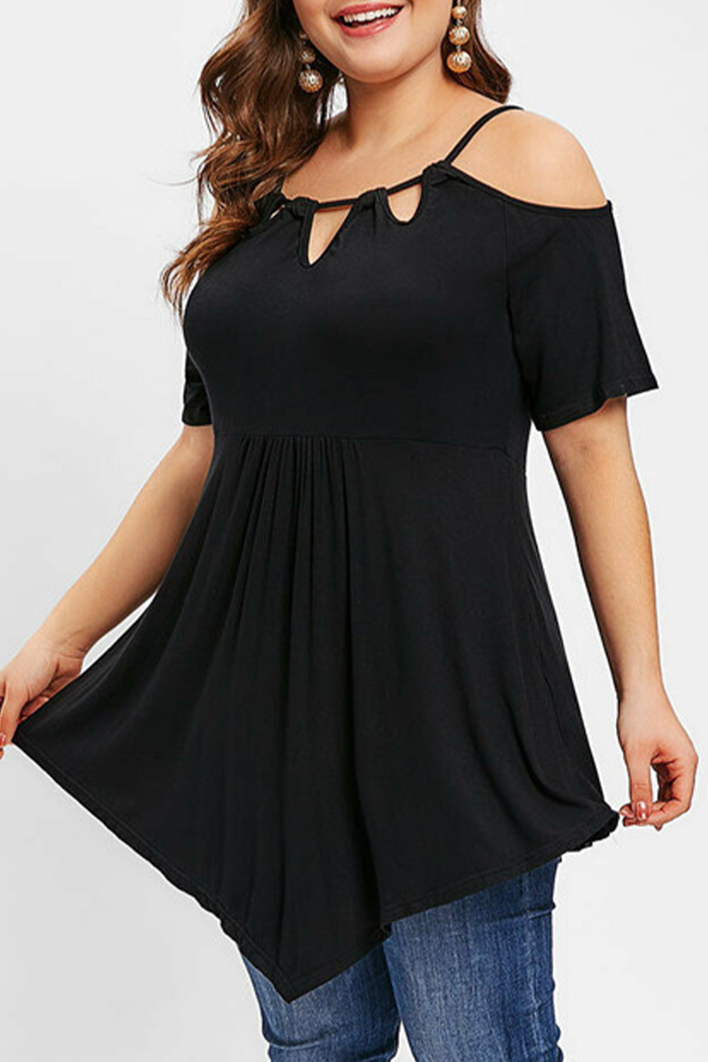 Plus Size Everyday Black Cold Shoulder Asymmetrical Hem Blouse 2024 - Flycurvy 