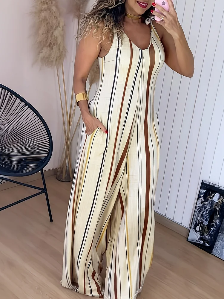 Chicme Women's V-Neck Sleeveless Striped Jumpsuit - Casual Wide-Leg Romper With Pockets, Beige & Brown Vertical Stripes, Machine Washable All-Season Outfit, Versatile Clothing, Chic Fashion, Breathable Material, Fashion Lover