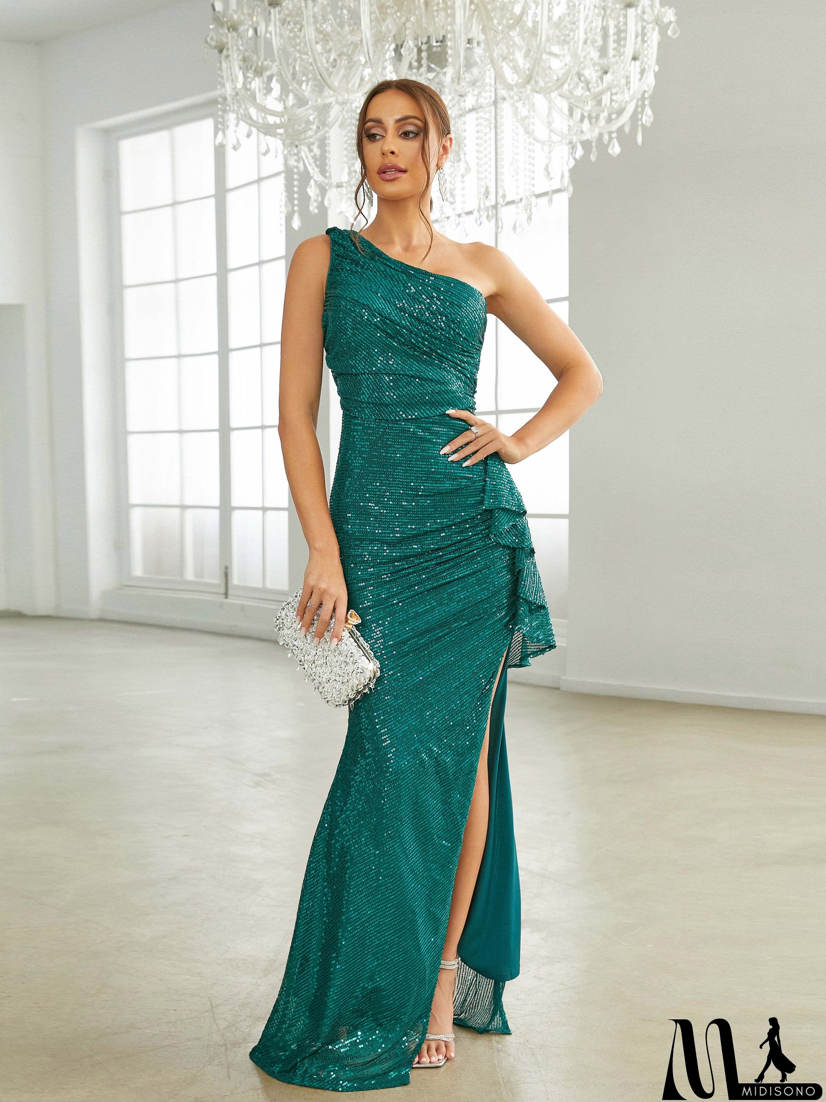MidiSono - One Shoulder Ruched Emerald Green Sequin Prom Dress RA60005