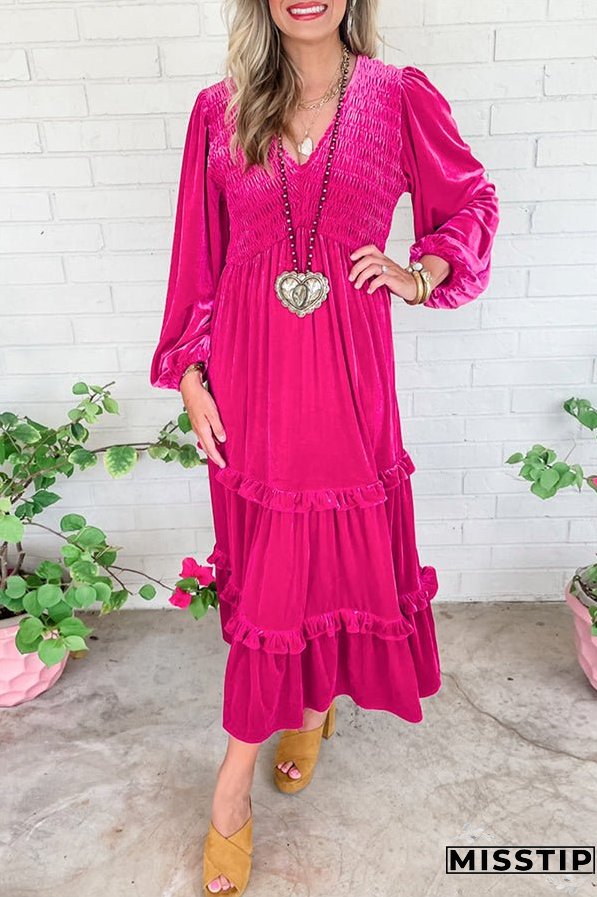 Shirred V Neck Long Sleeve Velvet Dress
