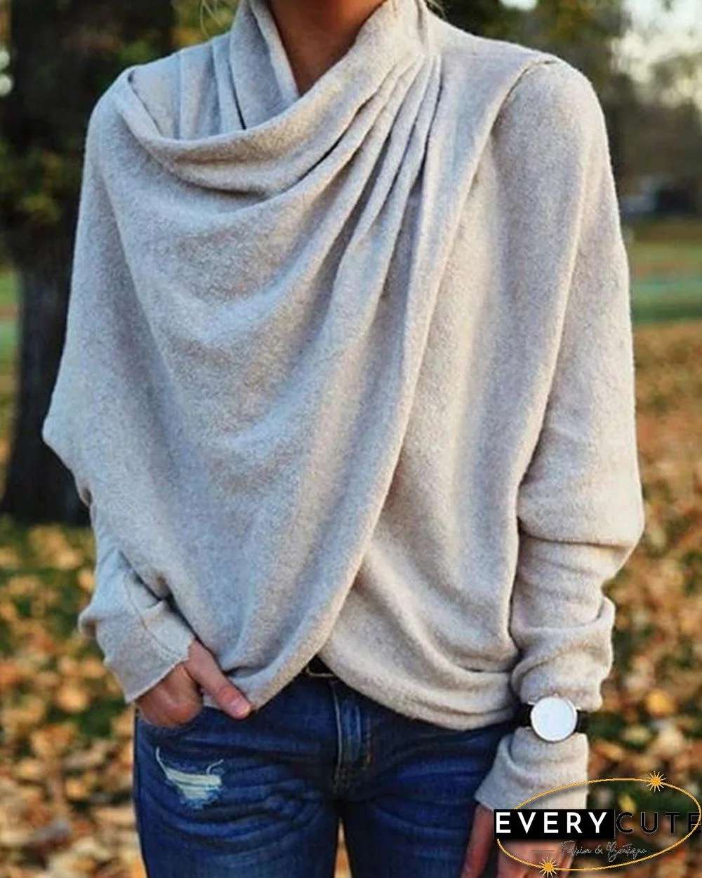 Women's Casual Asymmetric Cowl Neck Long Sleeve Knit Tops