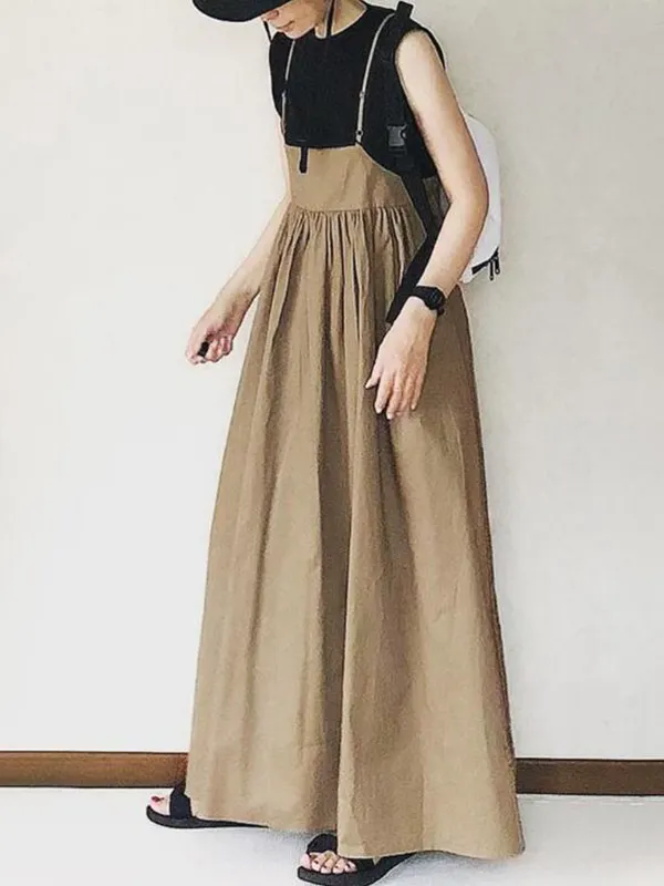 Pleated Suspender Long Dress With Slits main image 0