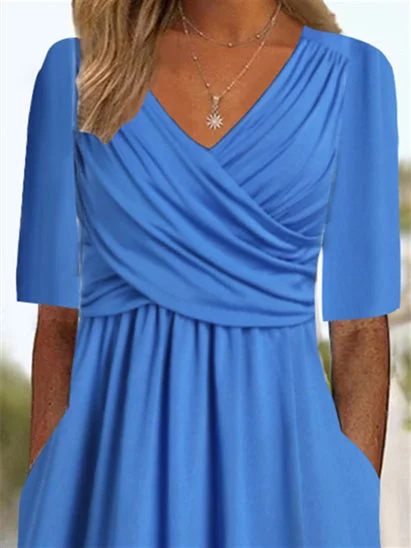 Women Half Sleeve V-neck Solid Color Dress