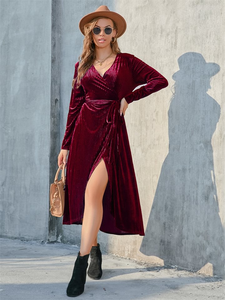 V-neck Solid Color Slit Corduroy MIDI Skirt -vasmok