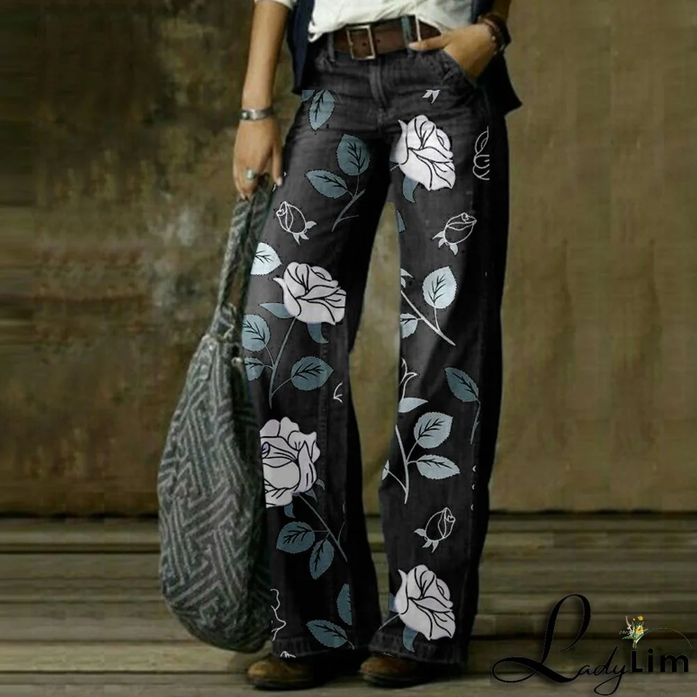 Vintage Fashion Casual Straight Wide Leg Ladies Denim Pants