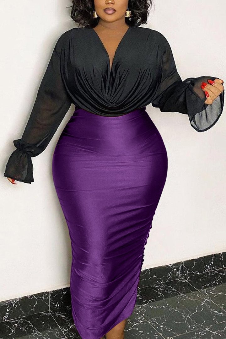 Xpluswear Plus Size Casual Purple Ruched Bodycon Skirt