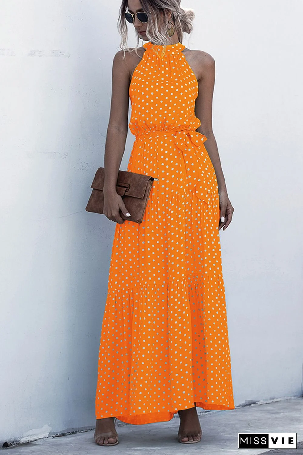 Halter Polka Dot Print Tie Waist Maxi Dress Wholesale