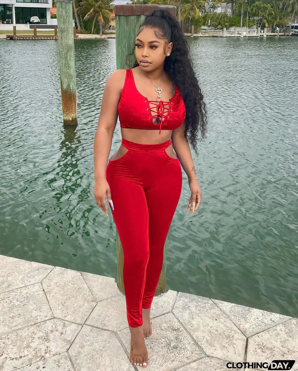 Sexy Solid Color Lace Up Top Pants Two Piece Set