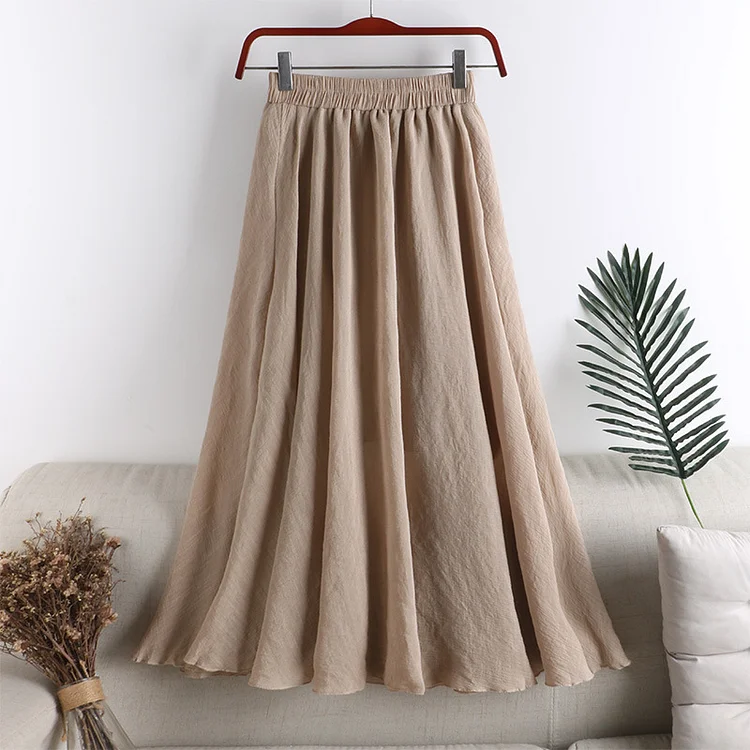 Wearshes Casual Cotton Linen High Waist Gathered Skirt