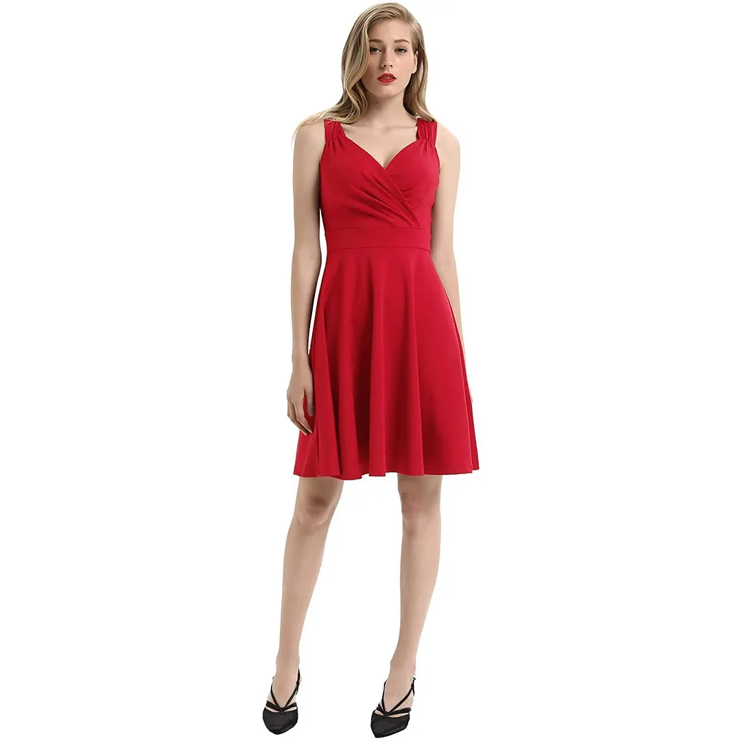 Sleeveless Wrap V-Neck A-line Bridesmaid Cocktail Party Dress for Women