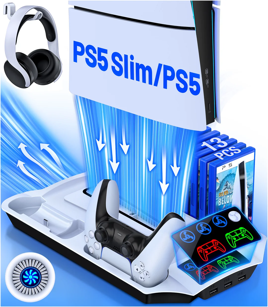 PS5 Stand Cooling Station for 2023 PS5 Slim,DinoFire Dual Fast PS5 Controller Charging Station,PS5 Accessories for Sony 2020 PS5 Digital/Disc Console
