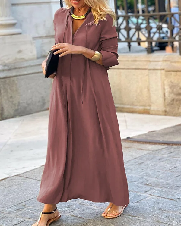 Solid Color Cotton V-neck Long-sleeved Simple Dress