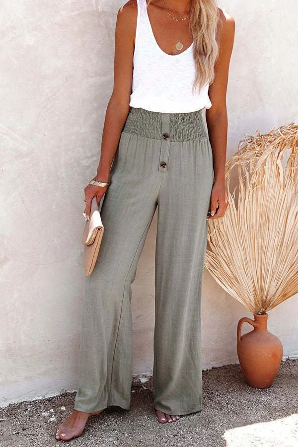 Women's Solid Color Cotton Linen Elastic Loose Casual Wide Leg Pants