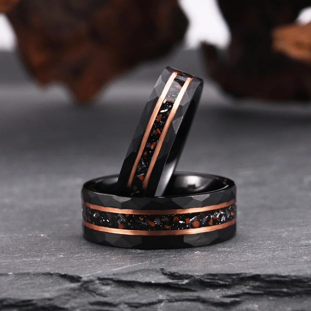 6MM 8MM Dinosaur Fossil Inlay Tungsten Carbide Rings Electroplated Black Tungsten Wedding Bands