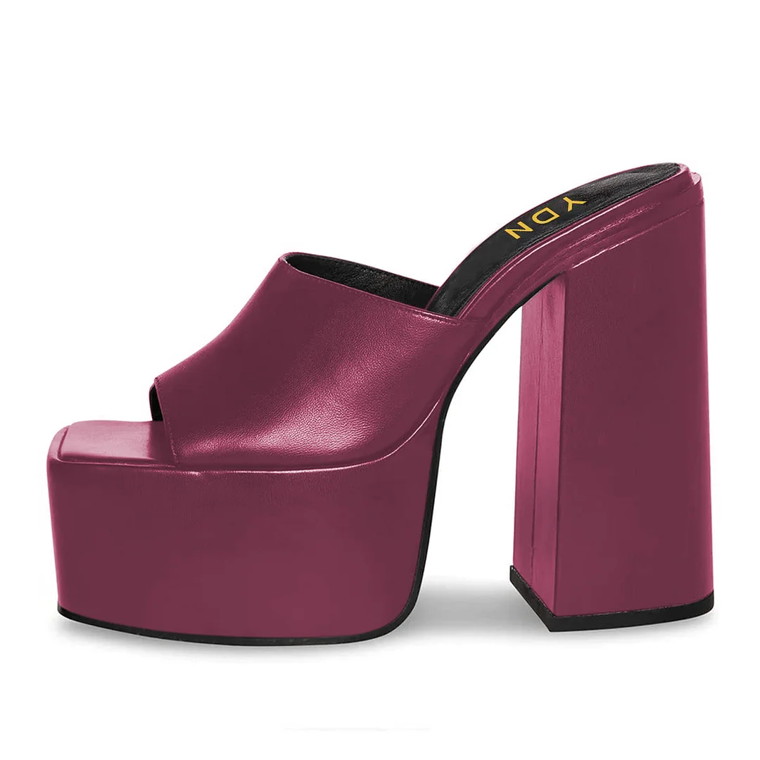 Shiny Vegan Leather Square Toe Wide Band Block Heel Mules in Magenta