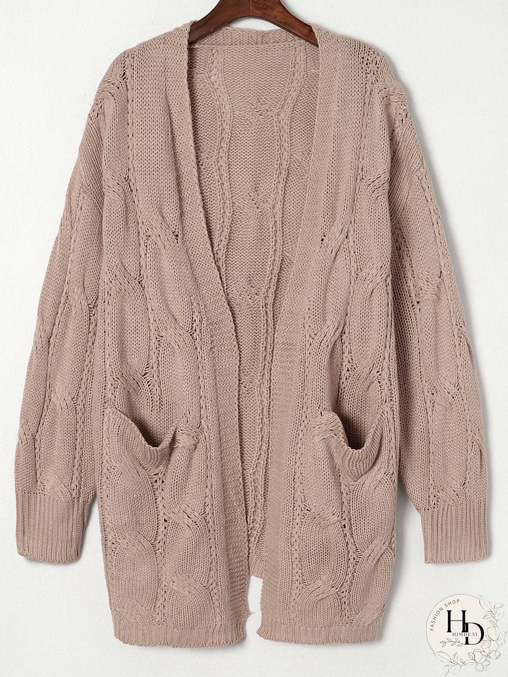 Apricot Eyelet Cable Knit Cardigan with Ribbed Trim