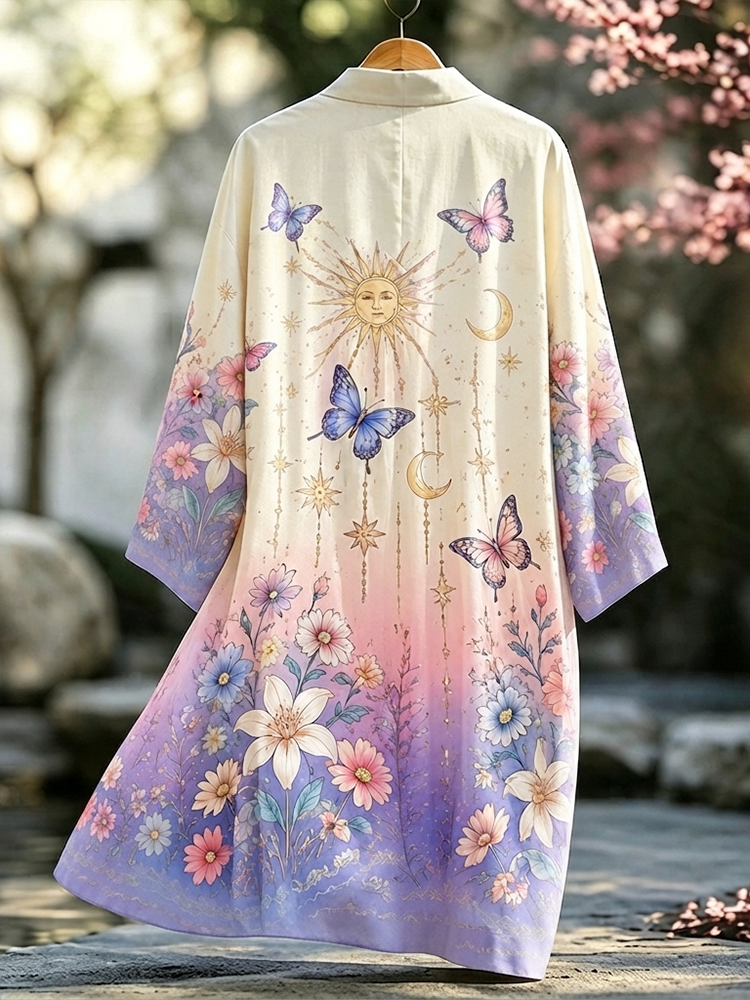 Comstylish Women's Casual Open-front Long Cardigan With Celestial Sun, Moon, Butterflies, And Ombre Floral Print