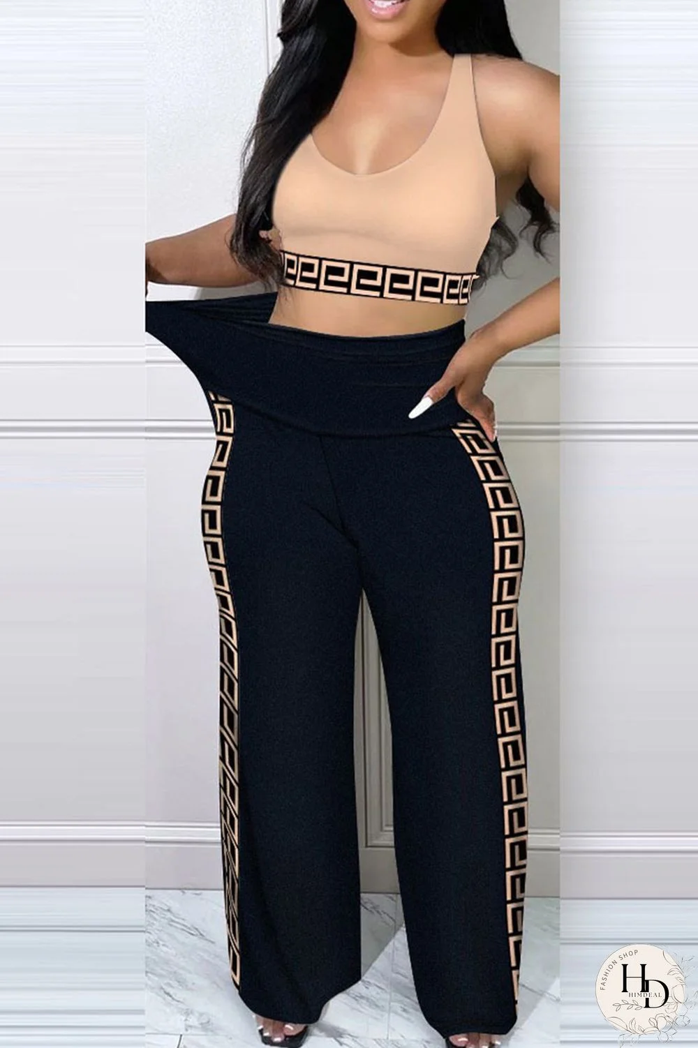 Black Sexy Casual Print Patchwork U Neck Sleeveless Two Pieces