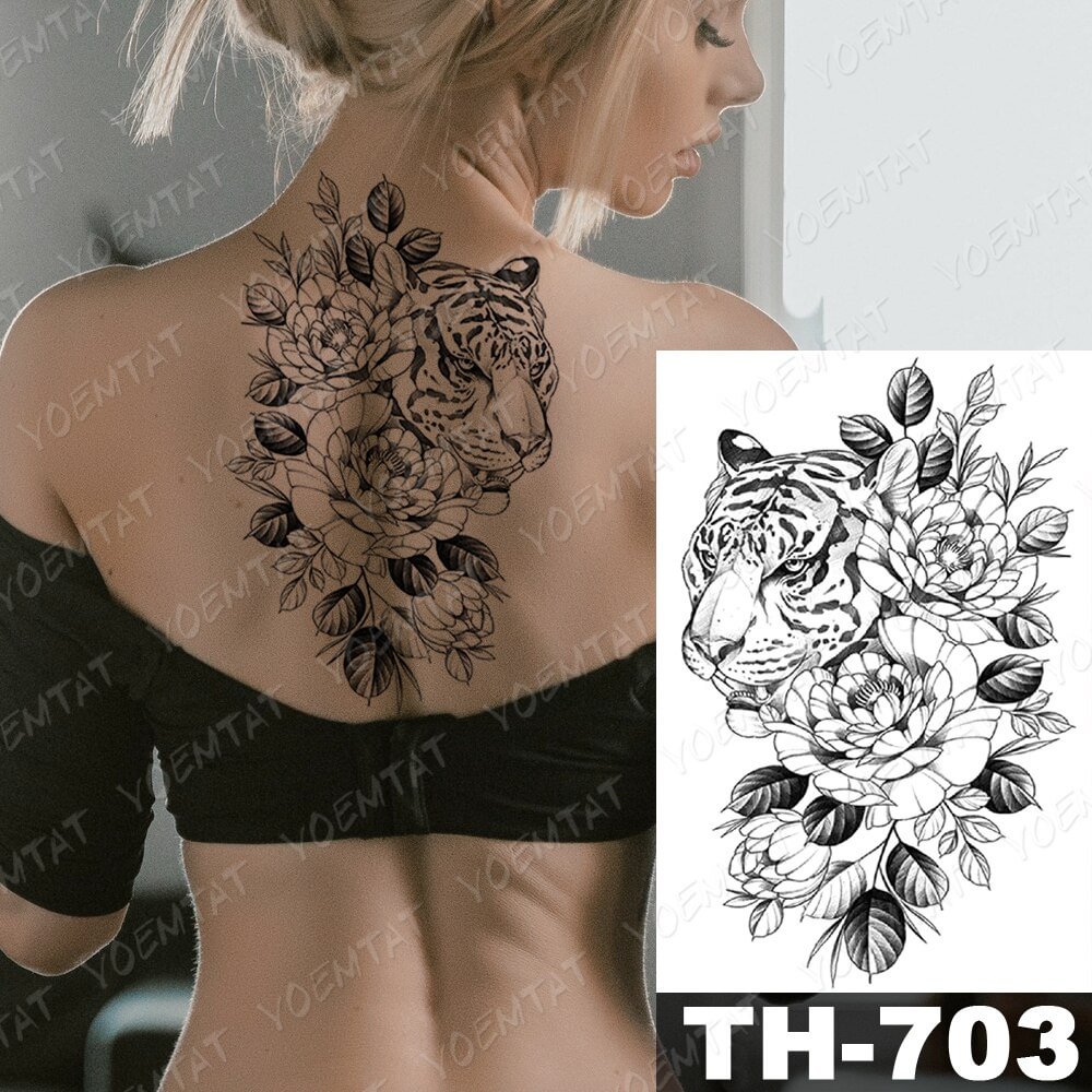 Gingf Temporary Tattoo Stickers Line Tiger Leopard Peony Flower Flash Tattoos Female Sketch Arm Chest Body Art Fake Tatoo
