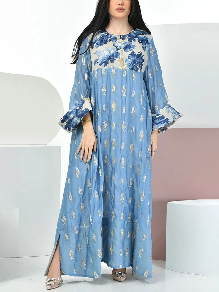 Round neck blue satin Ramadan dress فساتين
