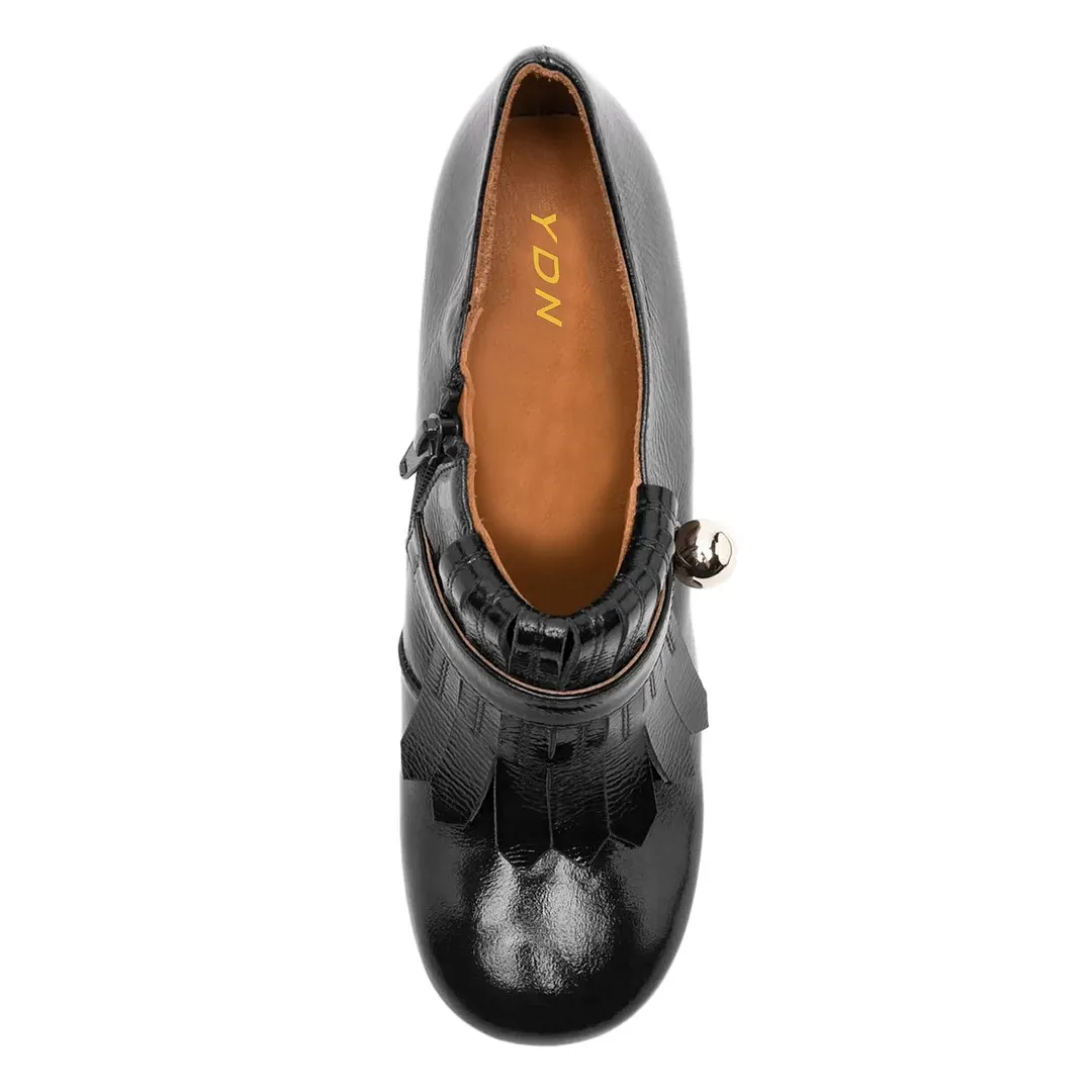 Faux Leather Round Toe Fringe Black Heel Booties with Zipper