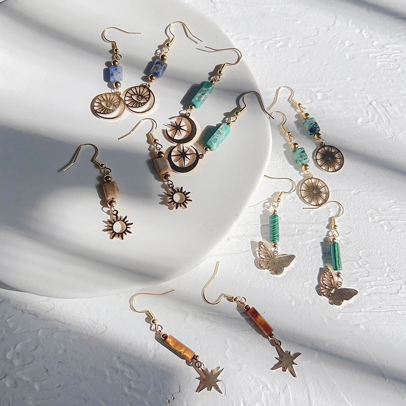 1 Pair Ethnic Style Star Moon Stainless Steel Natural Stone Drop Earrings