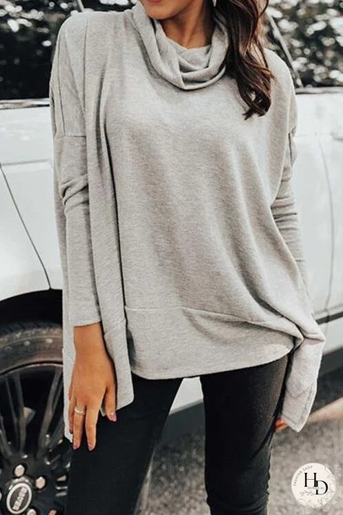 Cowl Neck Long Sleeve Slit Blouse