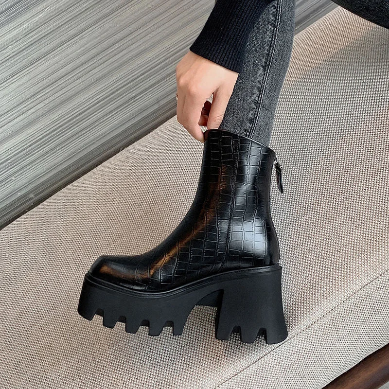 Lourdasprec Apanzu Ankle Platform Boots 2022 Fashion Women's Winter Leather Platform High Heels Autumn And Winter Waterproof Platform Shoes