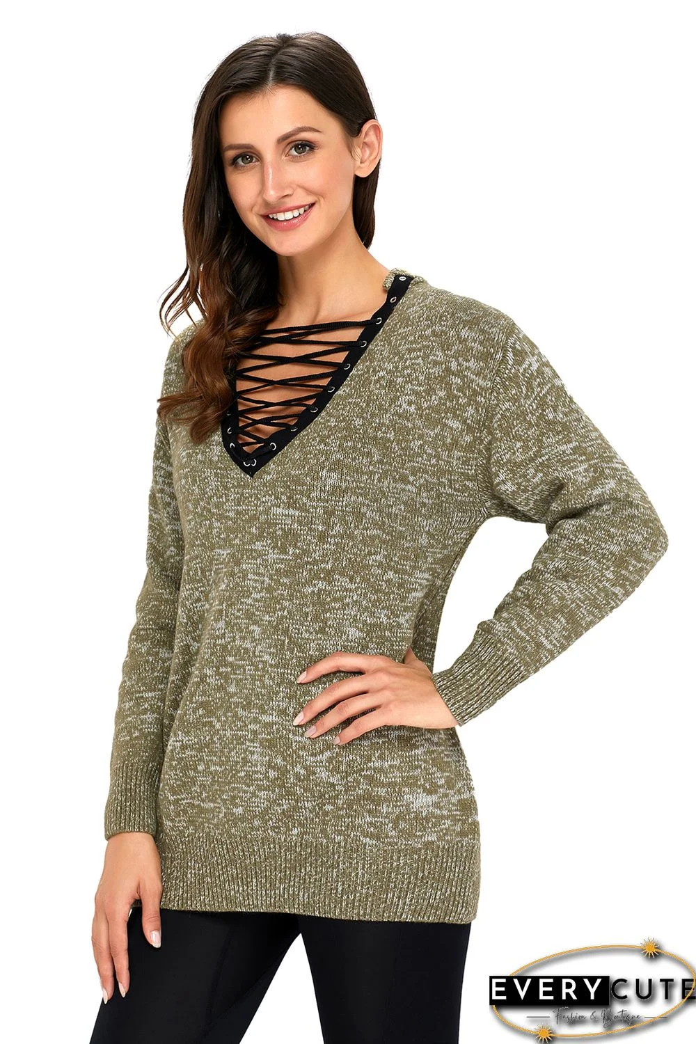 Olive Chic Long Sleeve Sweater with Lace up Neckline