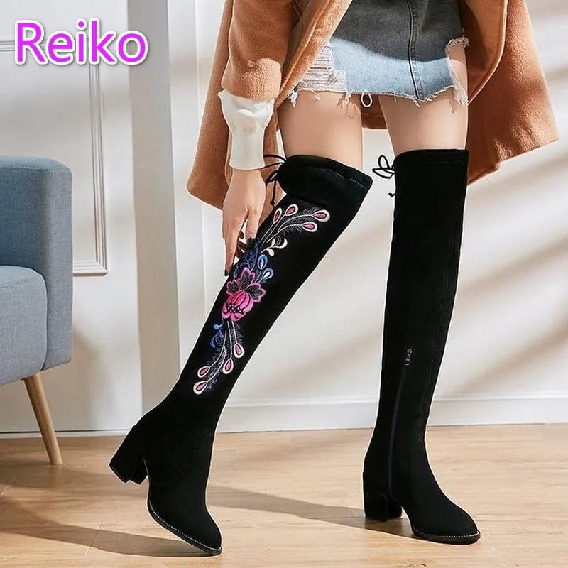 Women's Stretch Boots Black Embroidered Over the Knee Boots 2021 Fall Warm Boots Zipper Pump botas de mujer thigh high boots