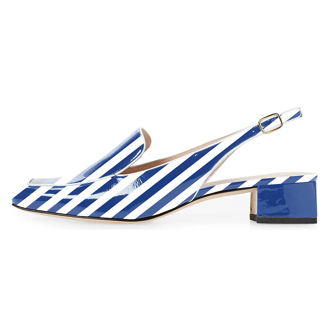 Blue & White Stripes Square Toe Chunky Heel Slingback Women's Loafers