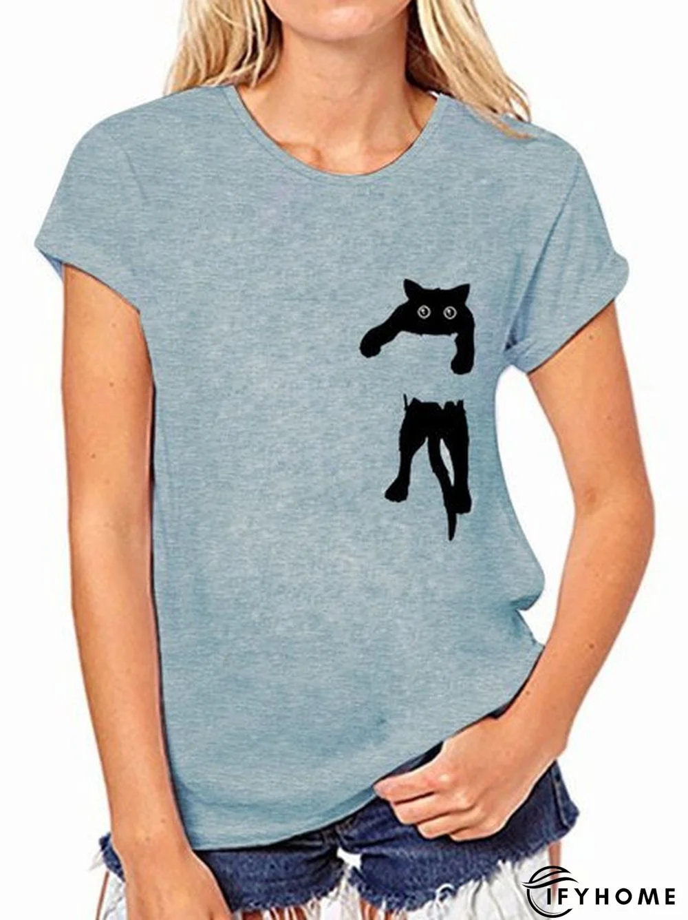 Women Casual Cat Printed Cotton Crew Neck T-shirt & Top | IFYHOME